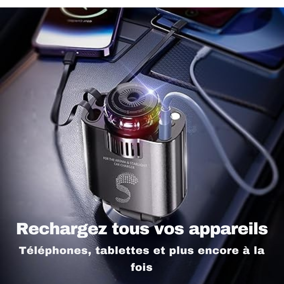 Chargeur Auto Rétractable 5-en-1 Avec Diffuseur D’Arômes