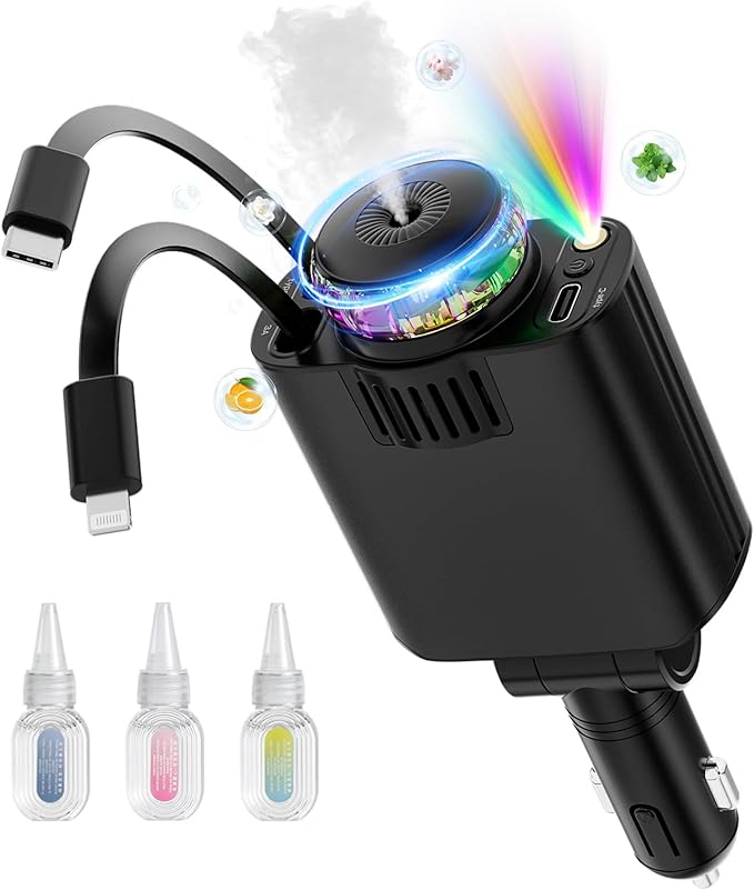 Chargeur Auto Rétractable 5-en-1 Avec Diffuseur D’Arômes