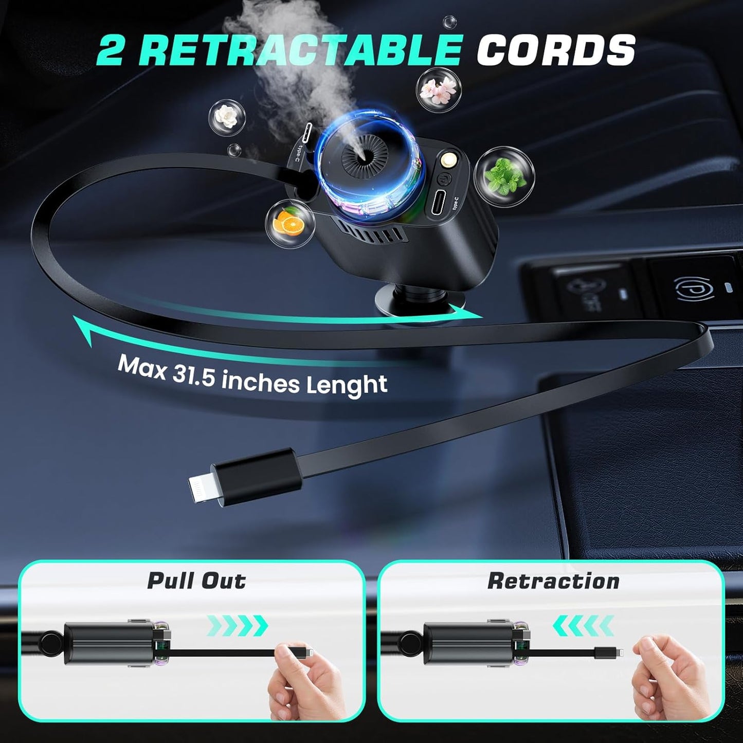 Chargeur Auto Rétractable 5-en-1 Avec Diffuseur D’Arômes
