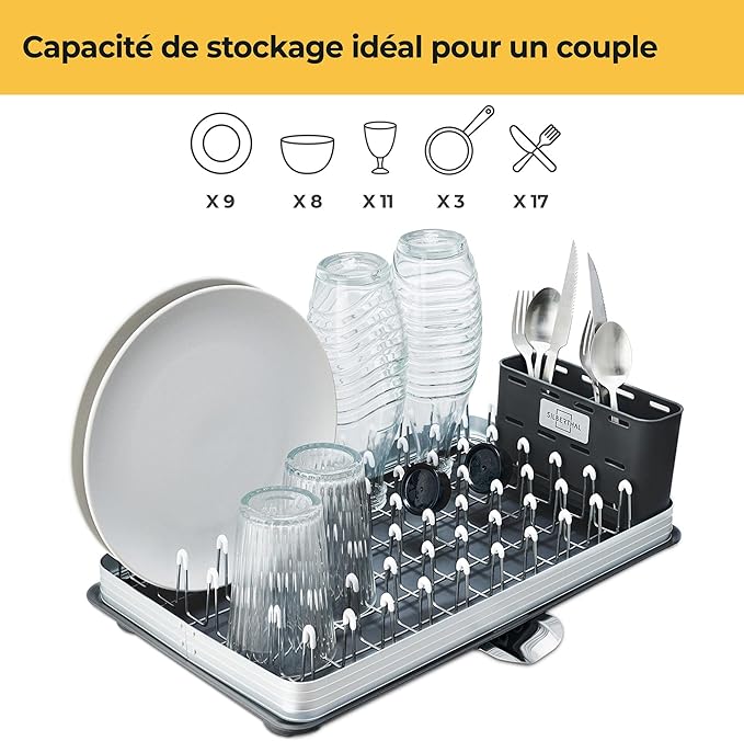Égouttoir à Vaisselle Compact avec Grand Plateau
